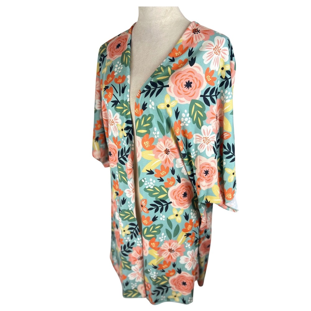 Tees2urdoor‎ Kimono Mint Floral Open Front Cardigan Womens 2XL/3XL